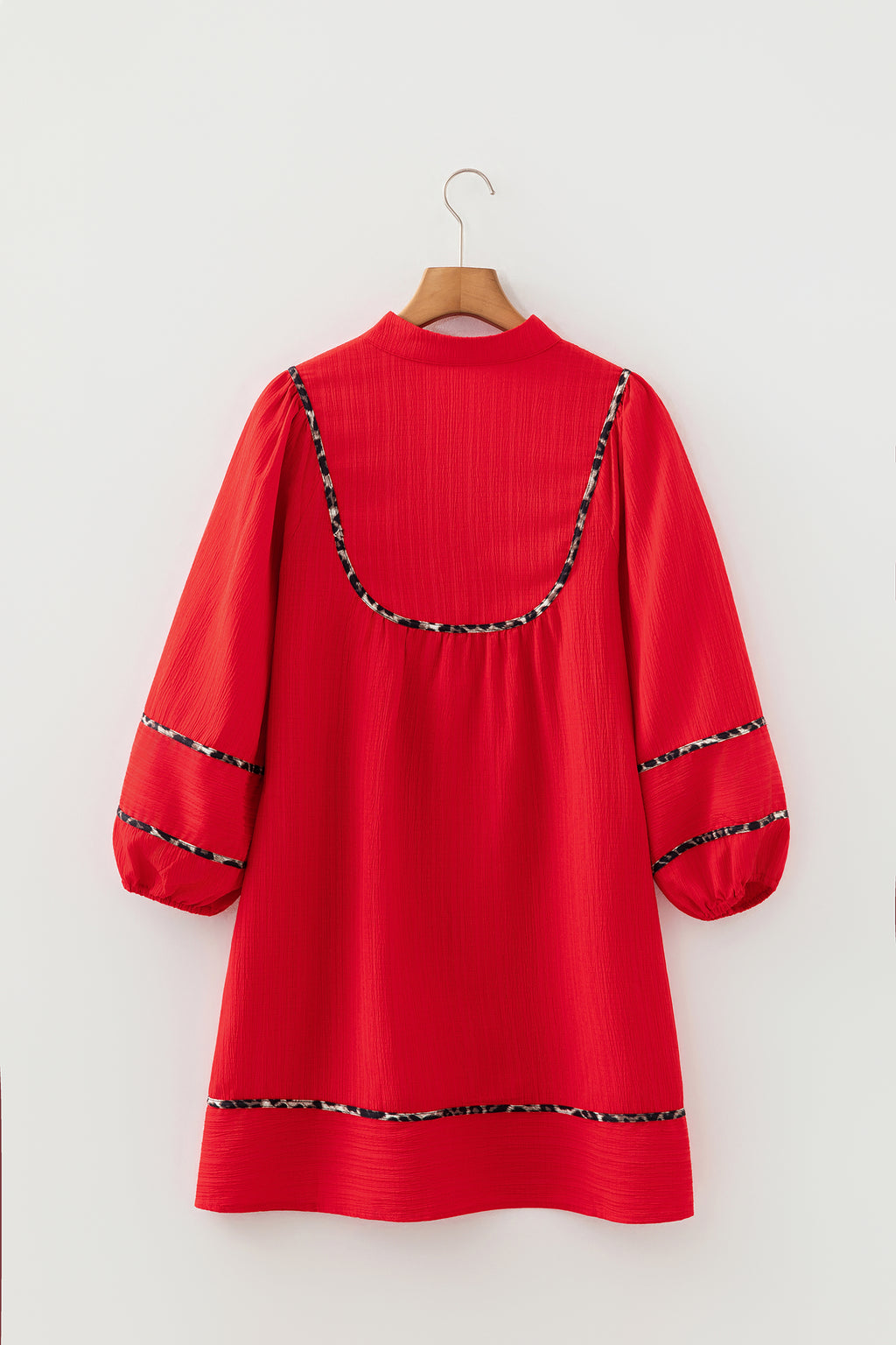 Fiery Red Textured V Neck Leopard Contrasted Trim Long Sleeve Shift Mini Dress Online Only