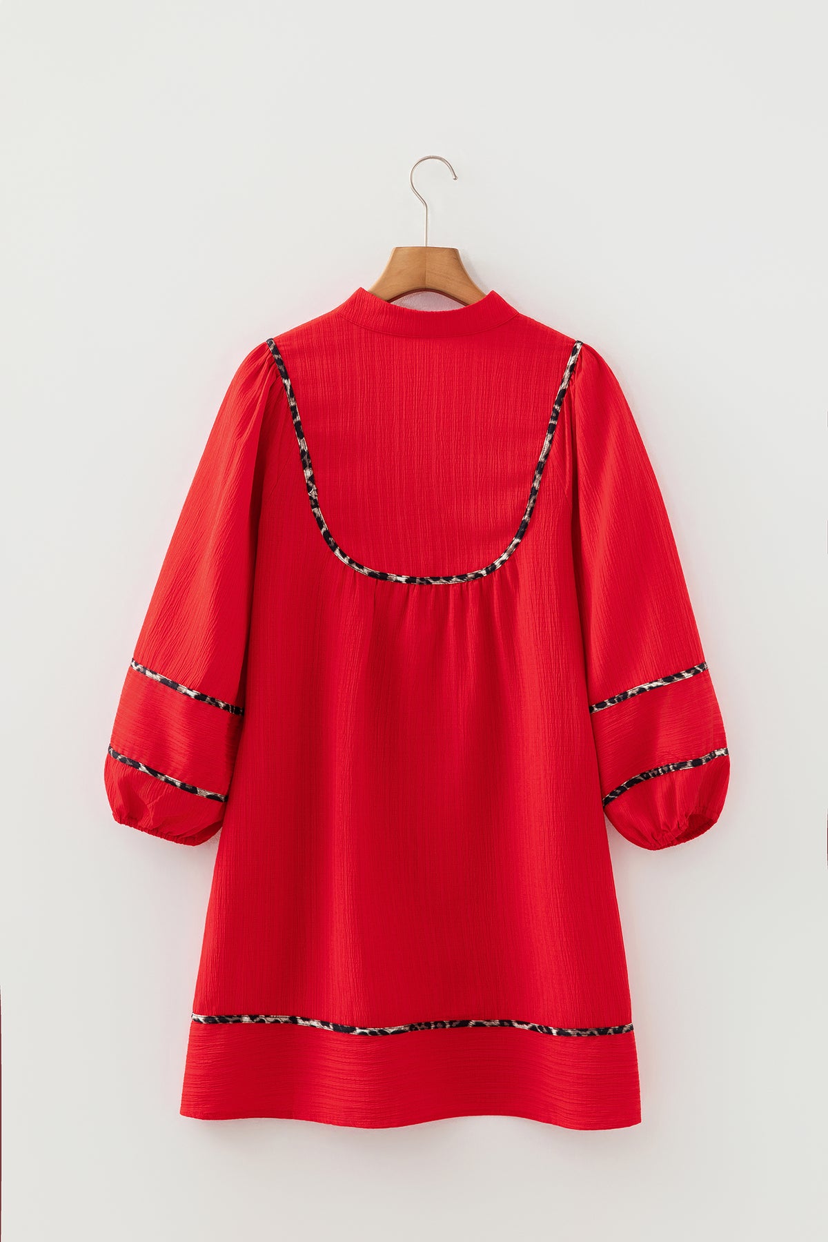 Fiery Red Textured V Neck Leopard Contrasted Trim Long Sleeve Shift Mini Dress Online Only