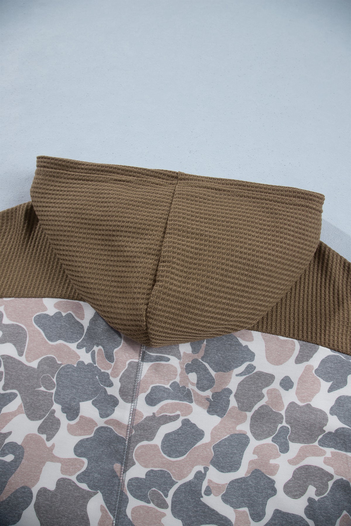 Khaki Camouflage Print Waffle Knit Patchwork Half Zip Plus Size Hoodie Online Only