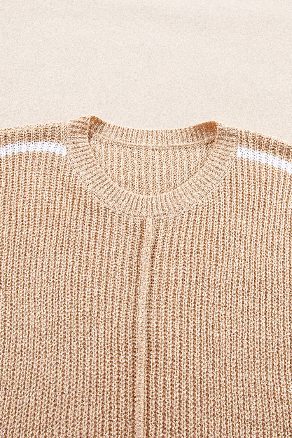 Light French Beige Contrast Striped 3/4 Sleeve Crew Neck Sweater Online Only