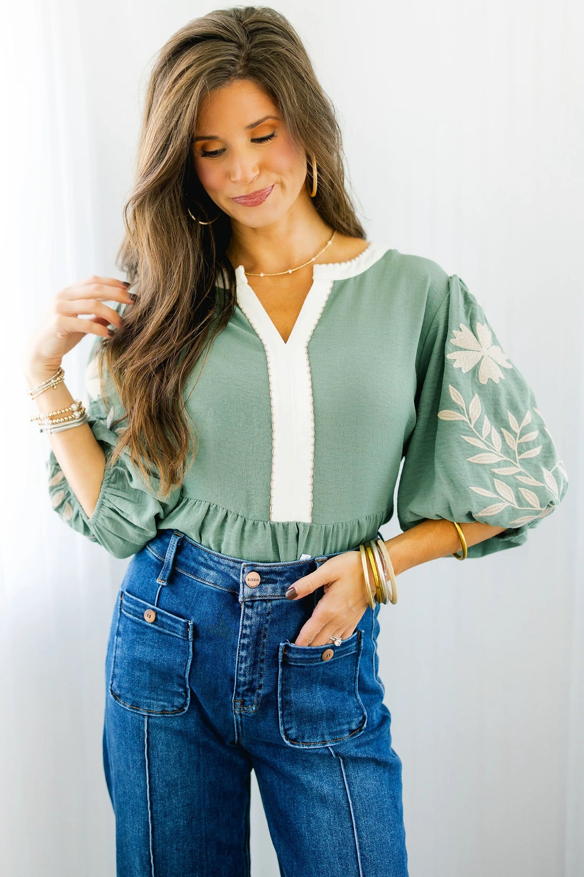Myosotis Color Block Patchwork V Neck Embroidered Puff Sleeve Babydoll Blouse Online Only