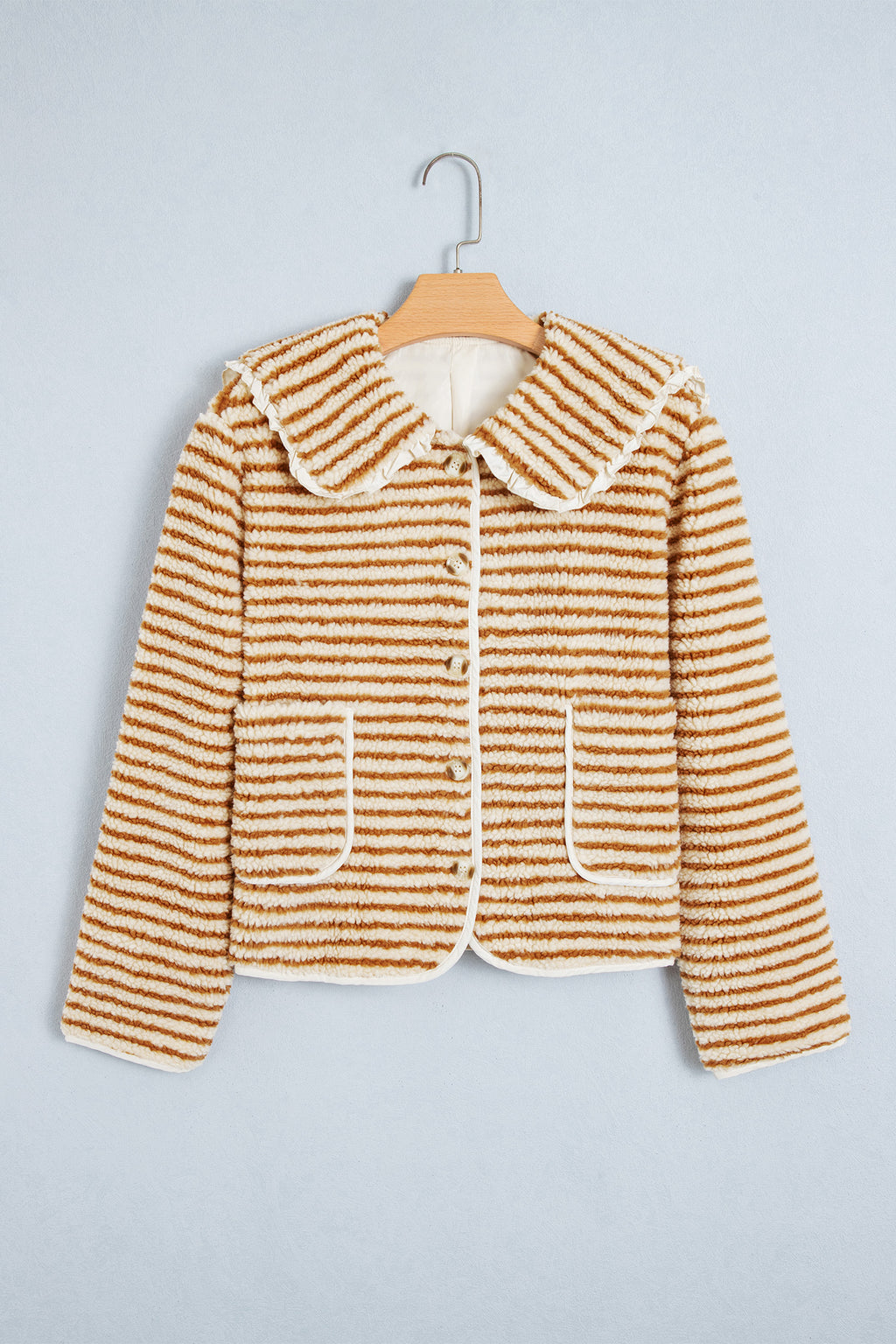 Brown Stripe Striped Fleece Button Front Long Sleeve Regular Fit Jacket Online Only