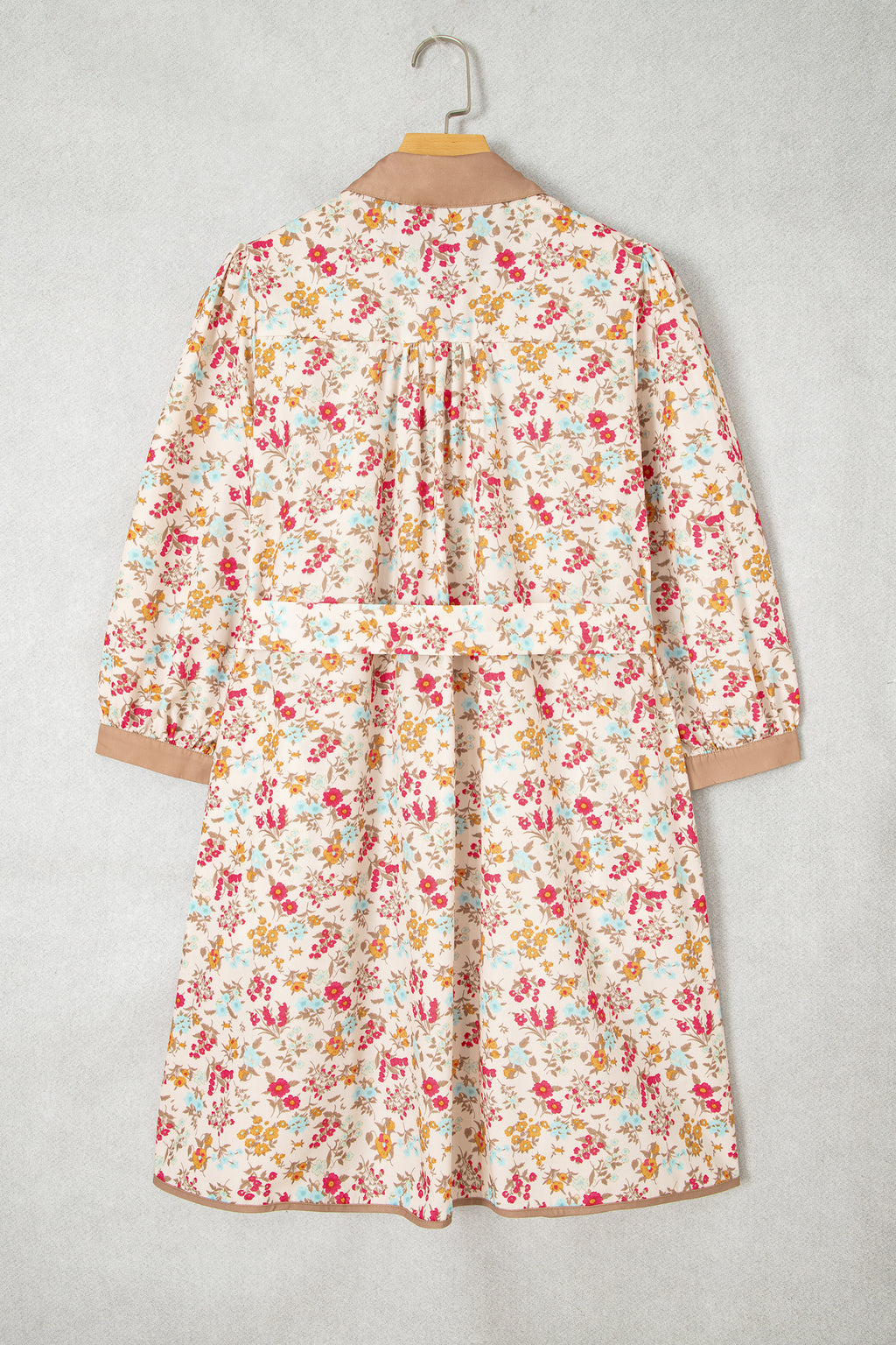 Orange Floral Print Color Block Trim Button Down 3/4 Sleeve Belted Mini Dress- Online Only
