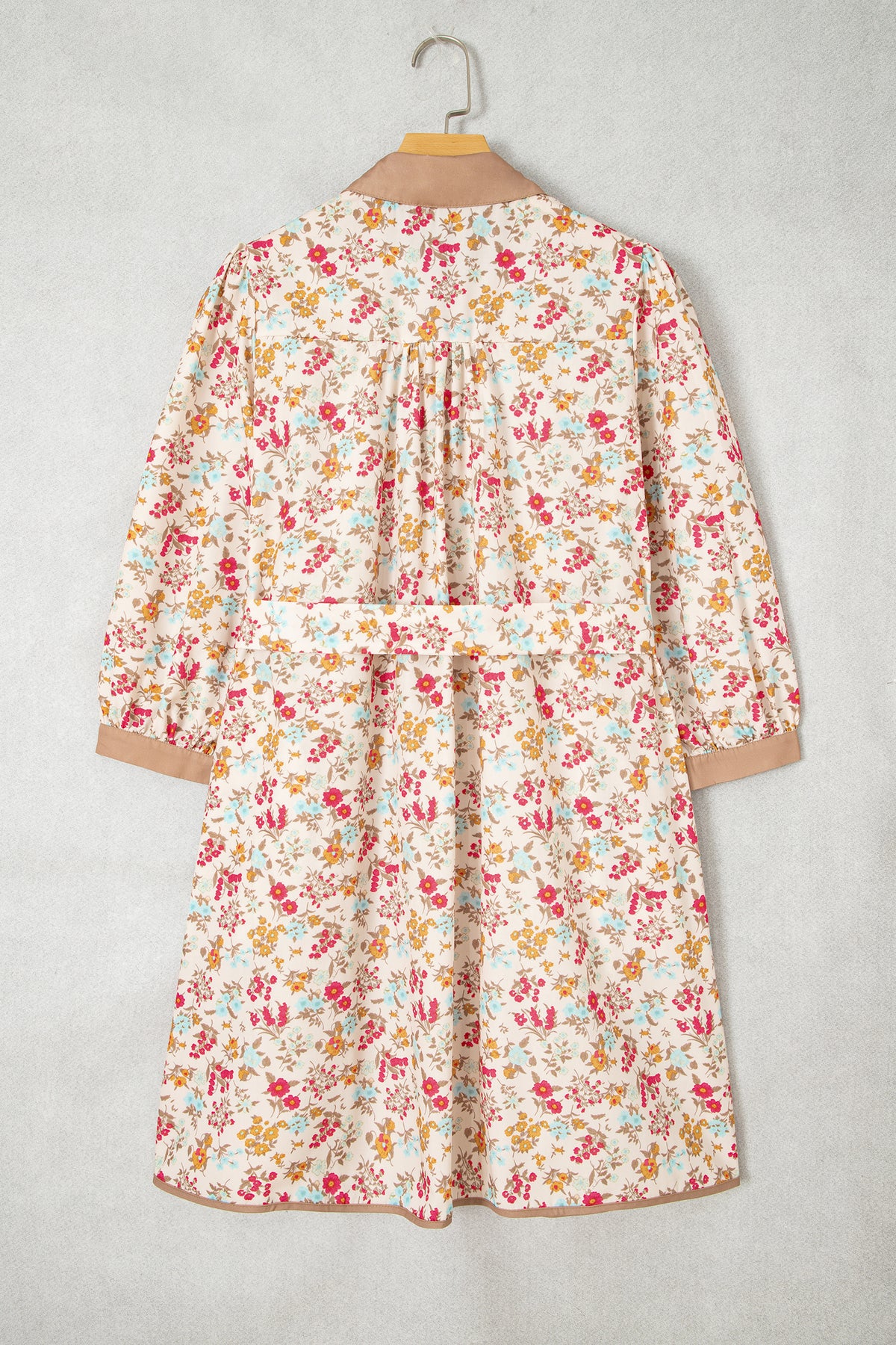 Orange Floral Print Color Block Trim Button Down 3/4 Sleeve Belted Mini Dress- Online Only