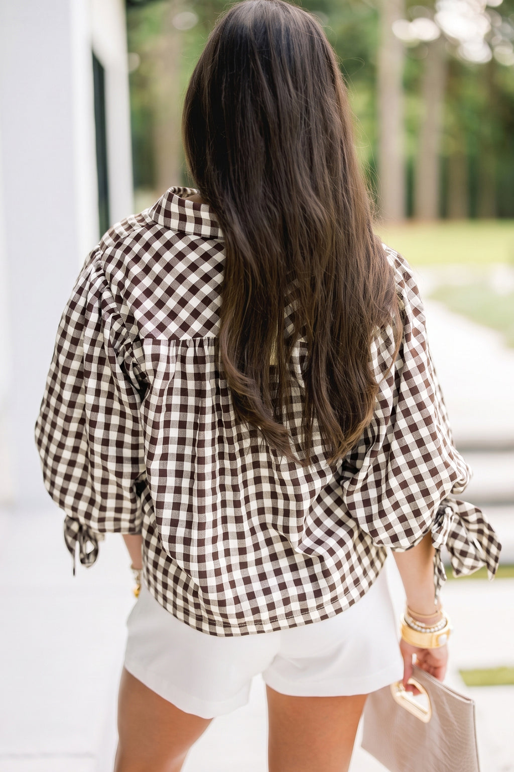 Brown Plaid Knot Half Sleeve Button Down Shirt Online Only