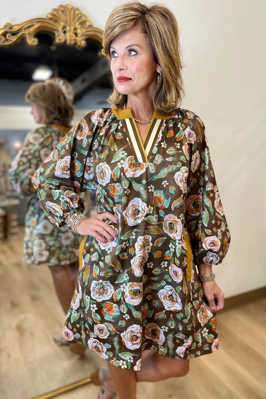 Brown Floral Print Contrast Trim V Neck Pocketed Long Sleeve Mini Dress Online Only