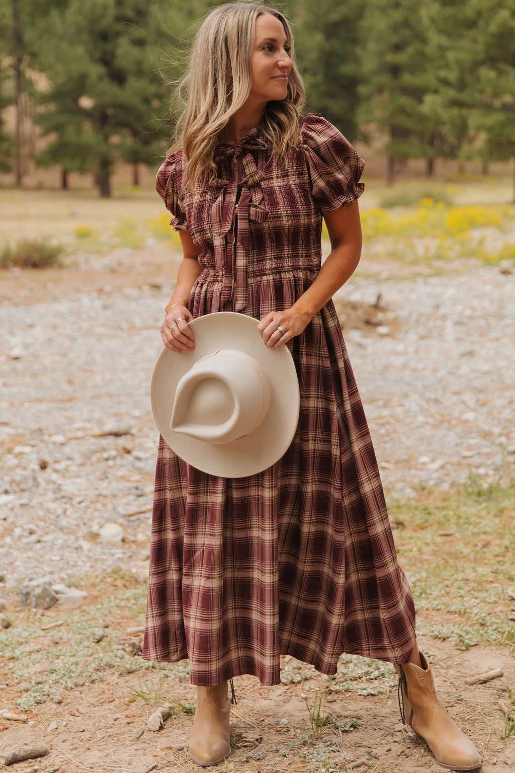 Red Vintage Plaid Knot Front Smocked High Waist Midi Dress- Online Only
