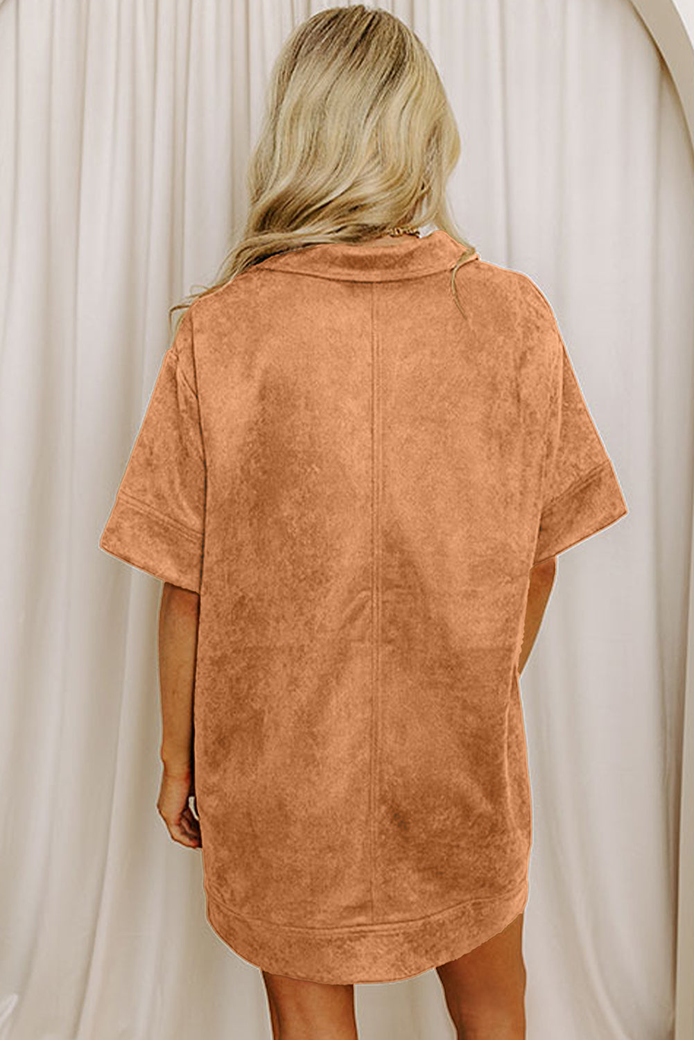 Thai Curry Collared V Neck Faux Suede Short Sleeve Shift Mini Dress Online Only
