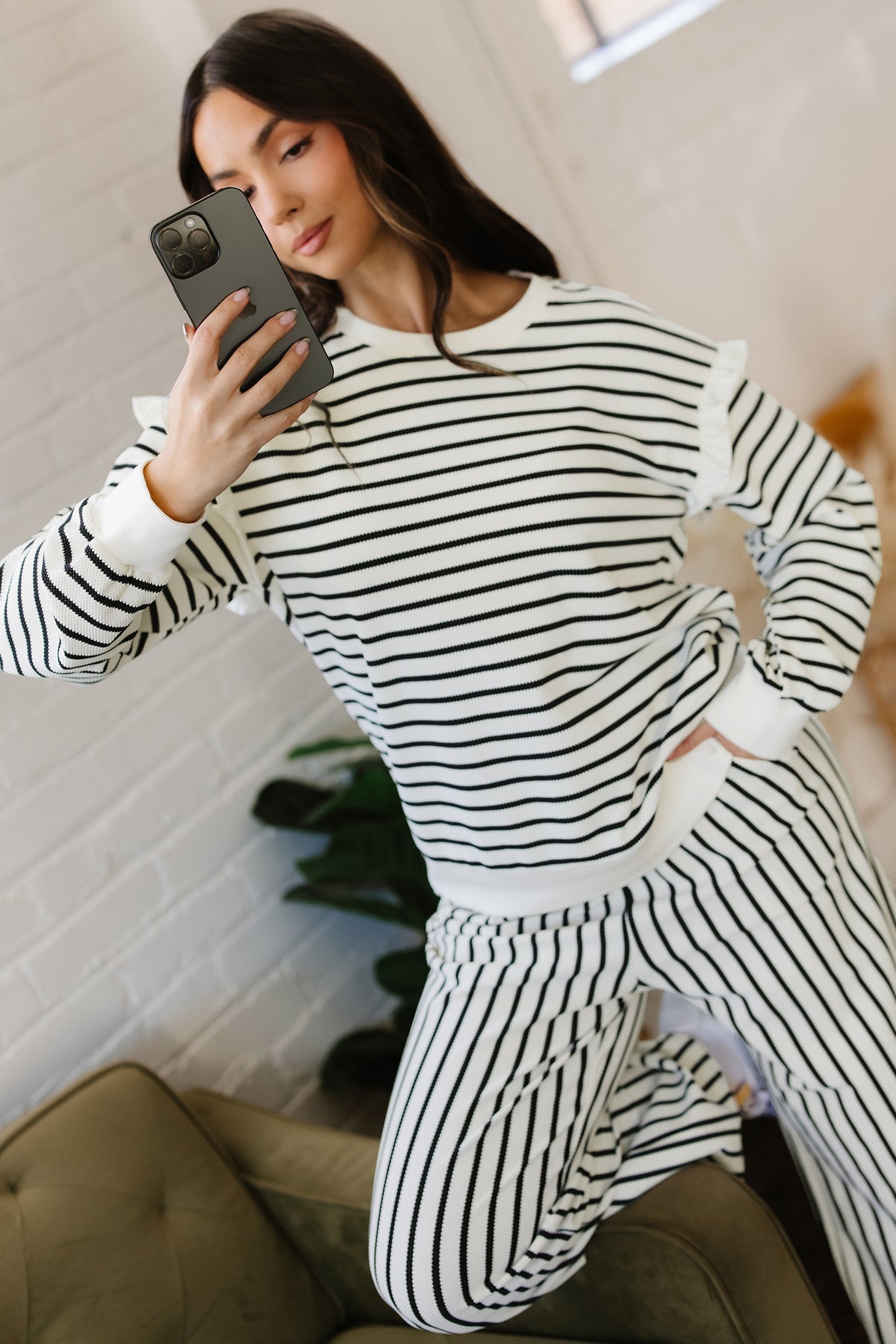 White Stripe Ruffle Trim Drop Shoulder Top Drawstring Loose Pant Set Online Only