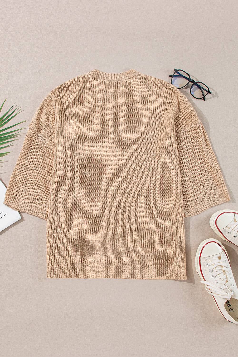 Light French Beige Contrast Striped 3/4 Sleeve Crew Neck Sweater Online Only