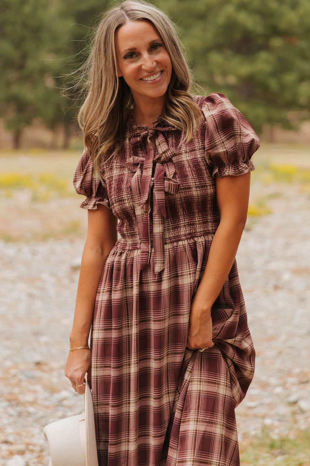 Red Vintage Plaid Knot Front Smocked High Waist Midi Dress- Online Only