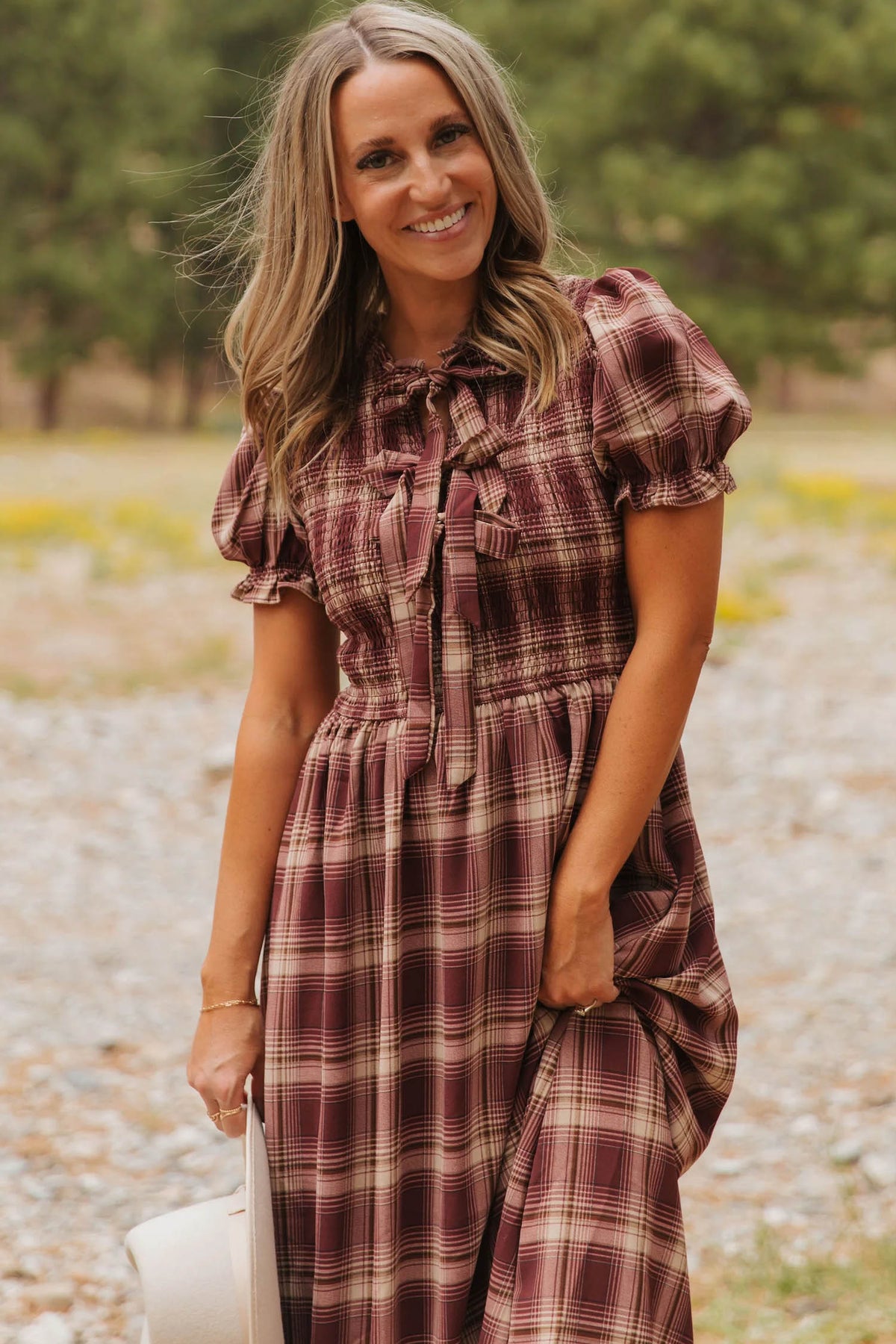 Red Vintage Plaid Knot Front Smocked High Waist Midi Dress- Online Only