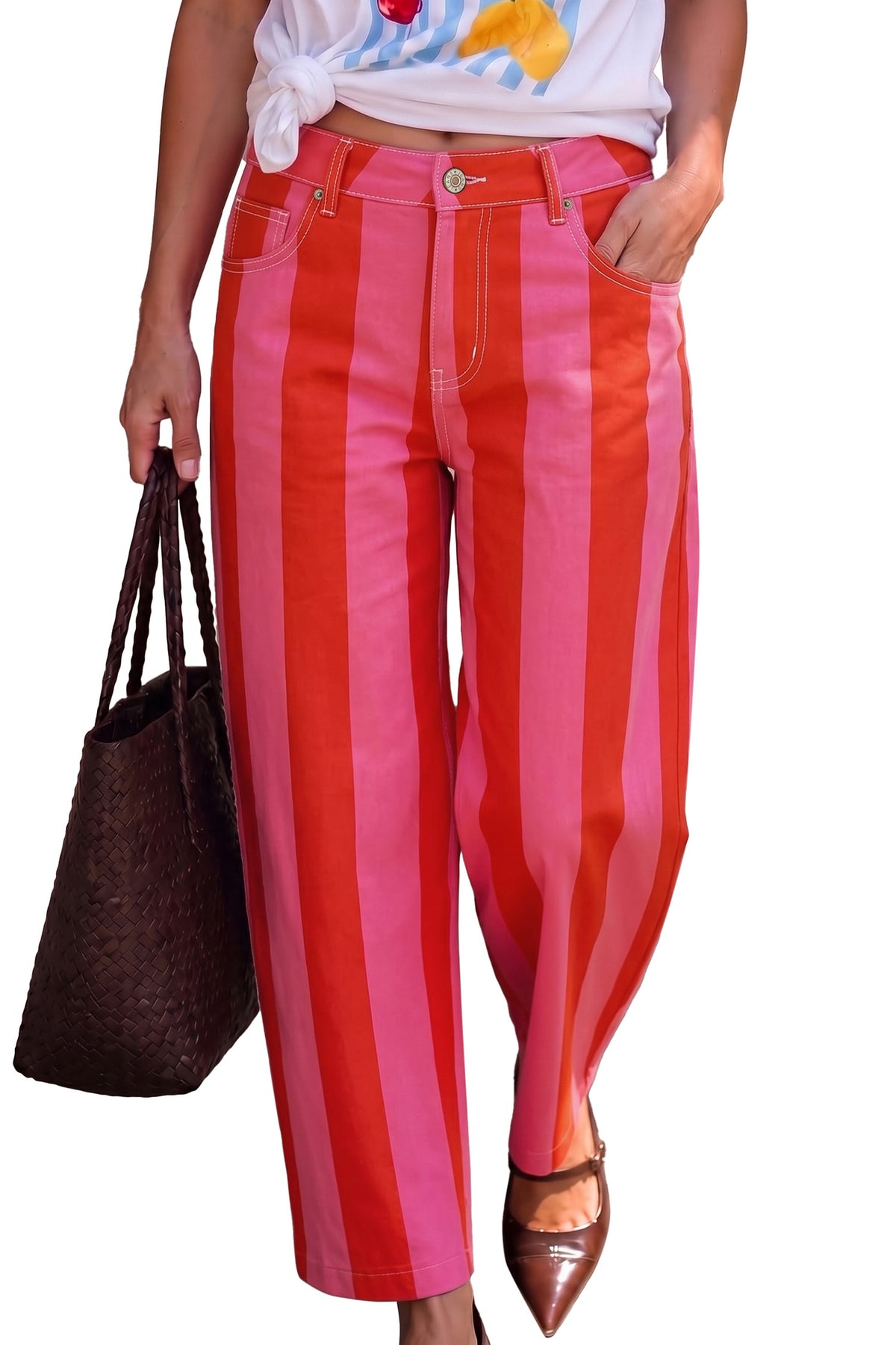 Brown Stripe Nature Waist Casual Shift Jeans Online Only