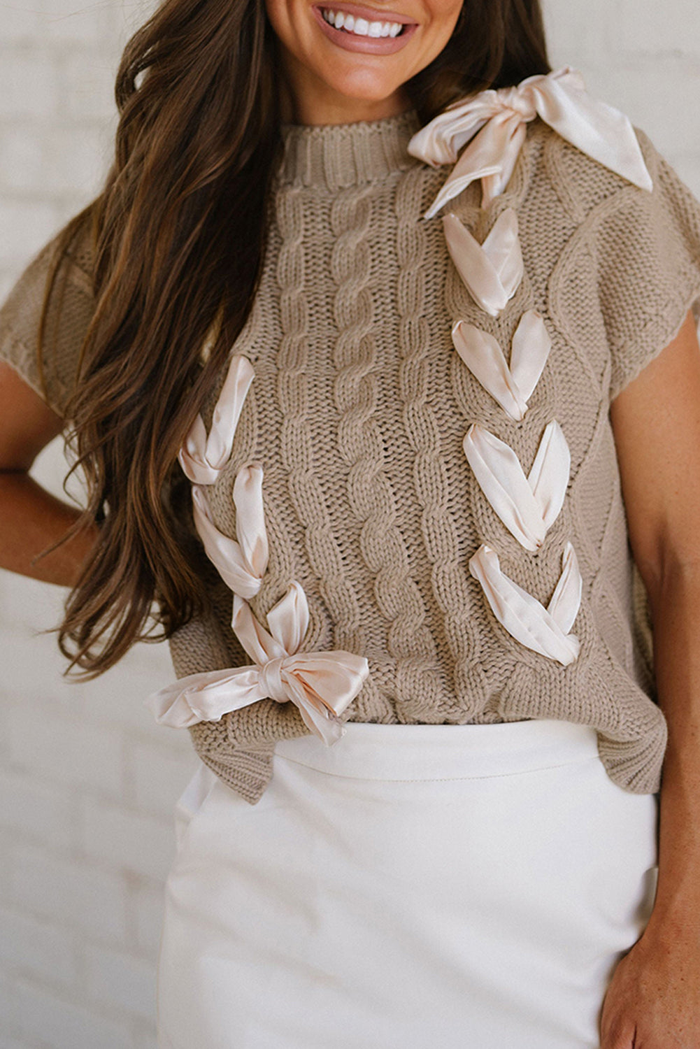 Simply Taupe Cable Knit Colorblock Satin Bowknot Short Sleeve Sweater Online Only