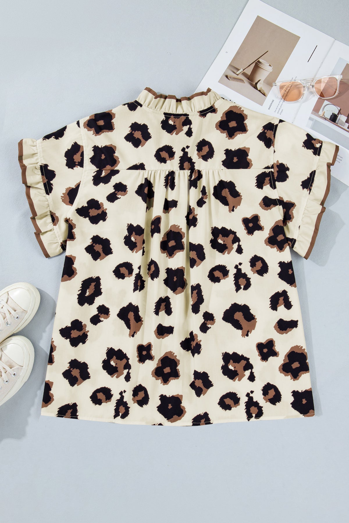 Khaki Plus Size Leopard Print Frilled Color Block Trim Button Down Short Sleeve Blouse Online Only