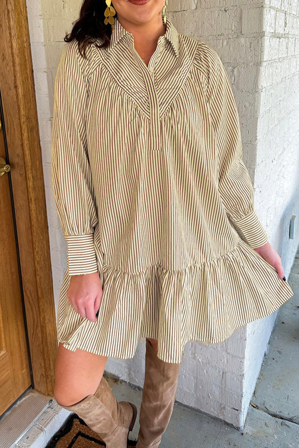 Brown Stripe Collared Neck Cuffed Long Sleeve Drop Waist Mini Dress Online Only