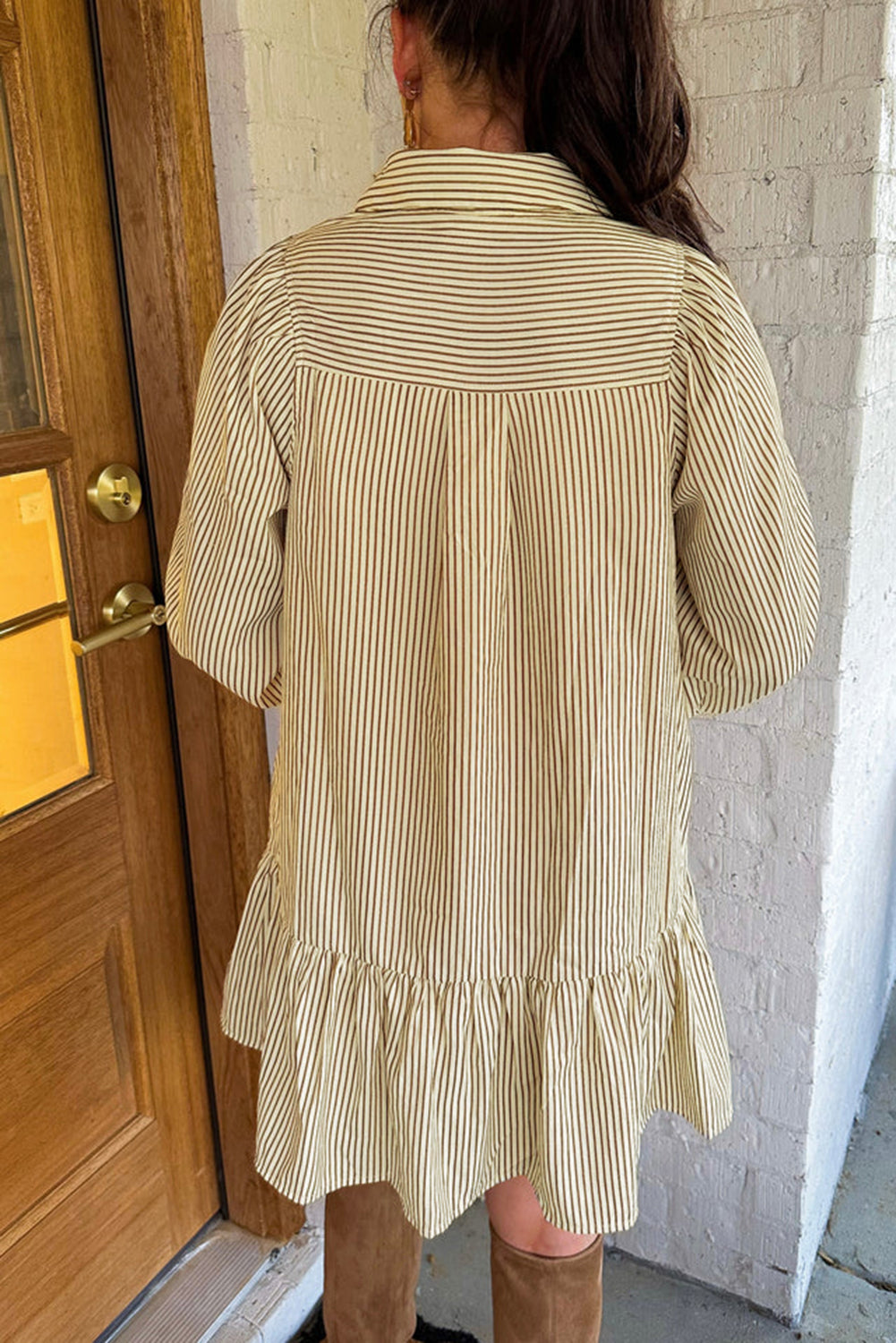 Brown Stripe Collared Neck Cuffed Long Sleeve Drop Waist Mini Dress Online Only