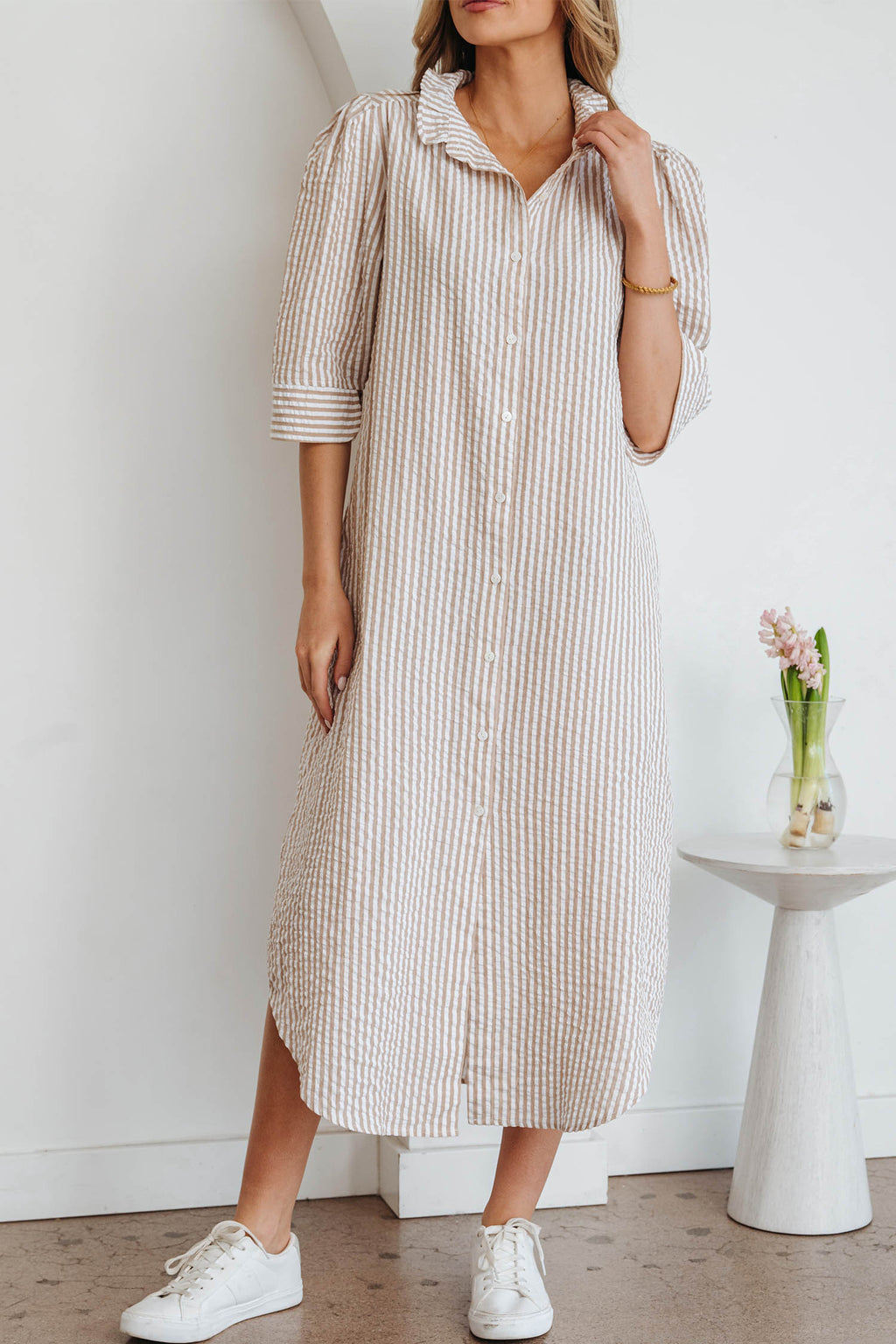 Khaki Stripe Frilled Collar Half Sleeve Shirt Maxi Dress Online Only