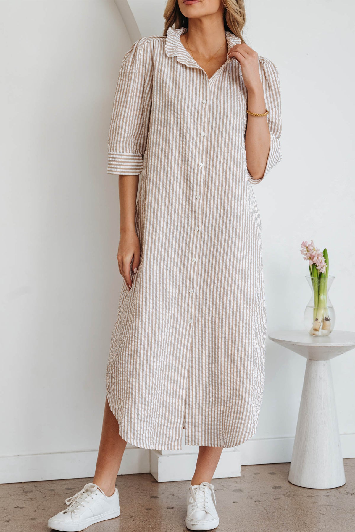 Khaki Stripe Frilled Collar Half Sleeve Shirt Maxi Dress Online Only
