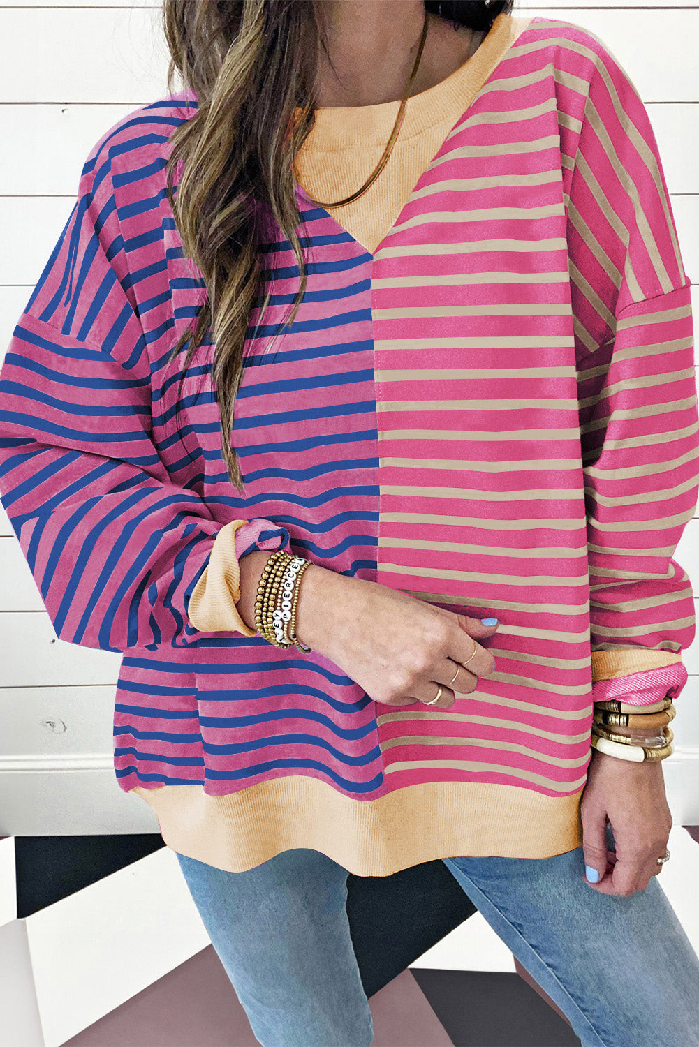Brown Stripe Casual Stripe Colorblock Drop Shoulder Oversize Sweatshirt Online Only