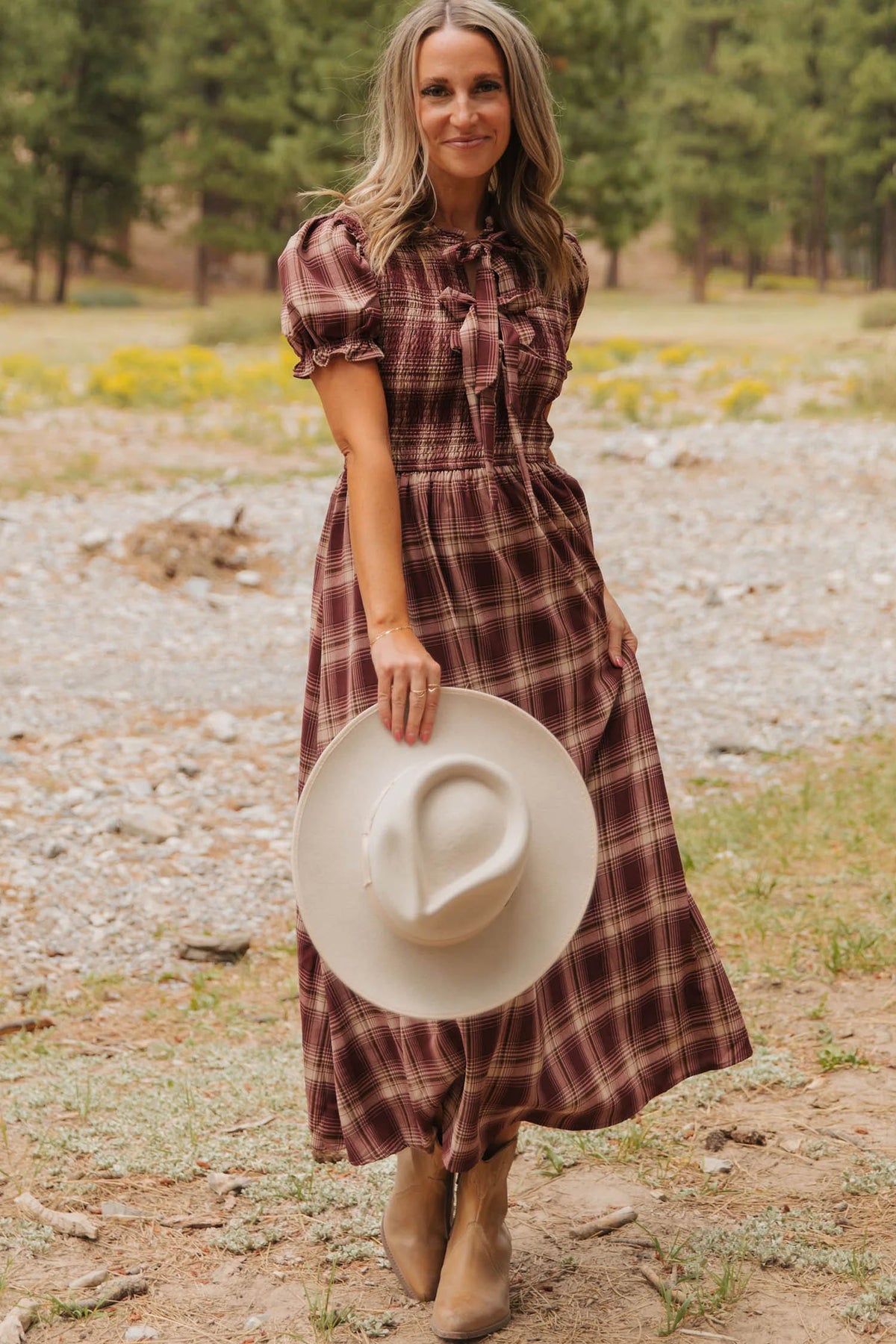 Red Vintage Plaid Knot Front Smocked High Waist Midi Dress- Online Only