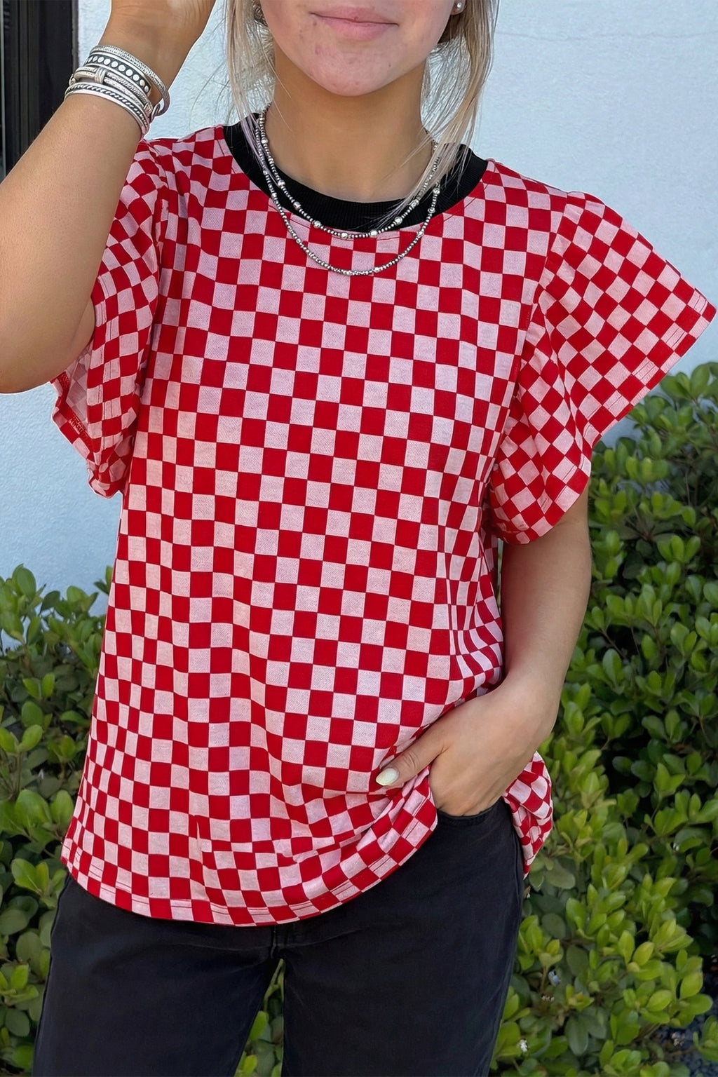 Red Checkered Print Ruffle Short Sleeve Contrast Trim Round Neck Top Online Only