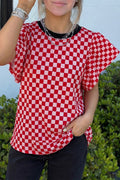 Red Checkered Print Ruffle Short Sleeve Contrast Trim Round Neck Top Online Only