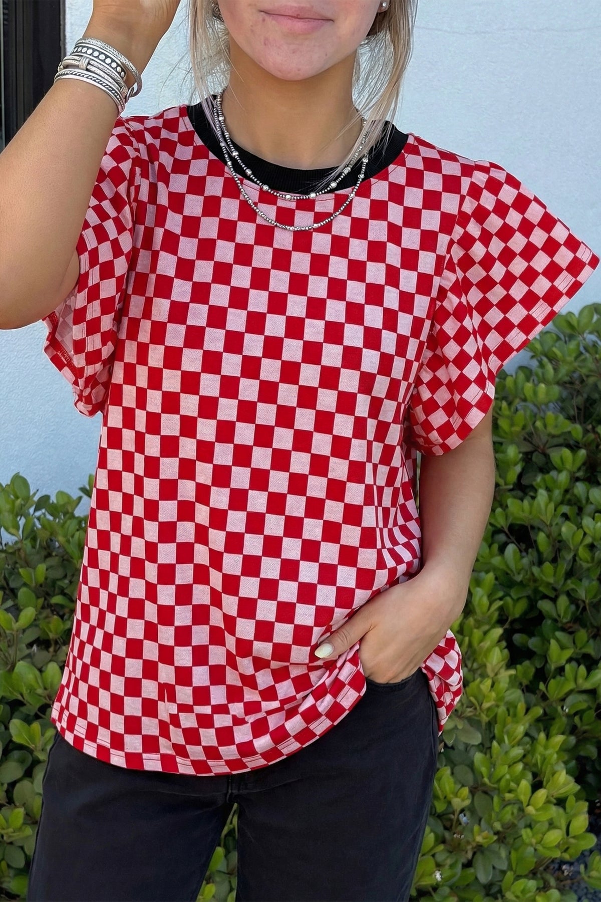 Red Checkered Print Ruffle Short Sleeve Contrast Trim Round Neck Top Online Only