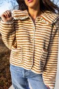 Brown Stripe Striped Fleece Button Front Long Sleeve Regular Fit Jacket Online Only