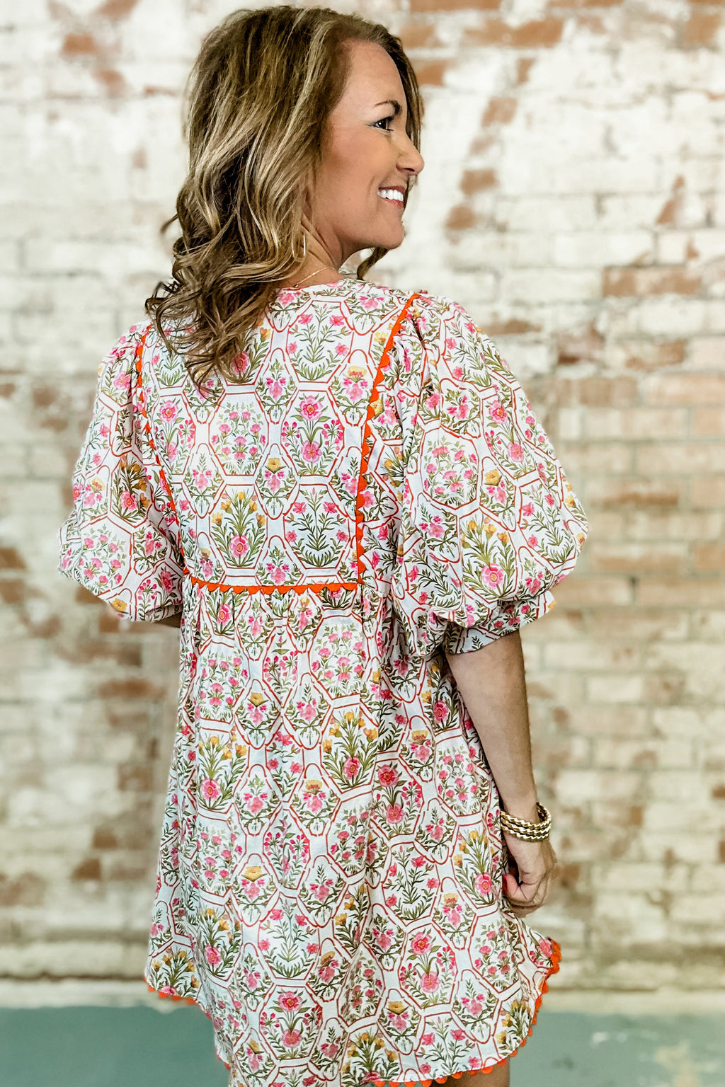 Pink Floral Print Tassel Tie V Neck Scalloped Detail Loose Mini Dress Online Only