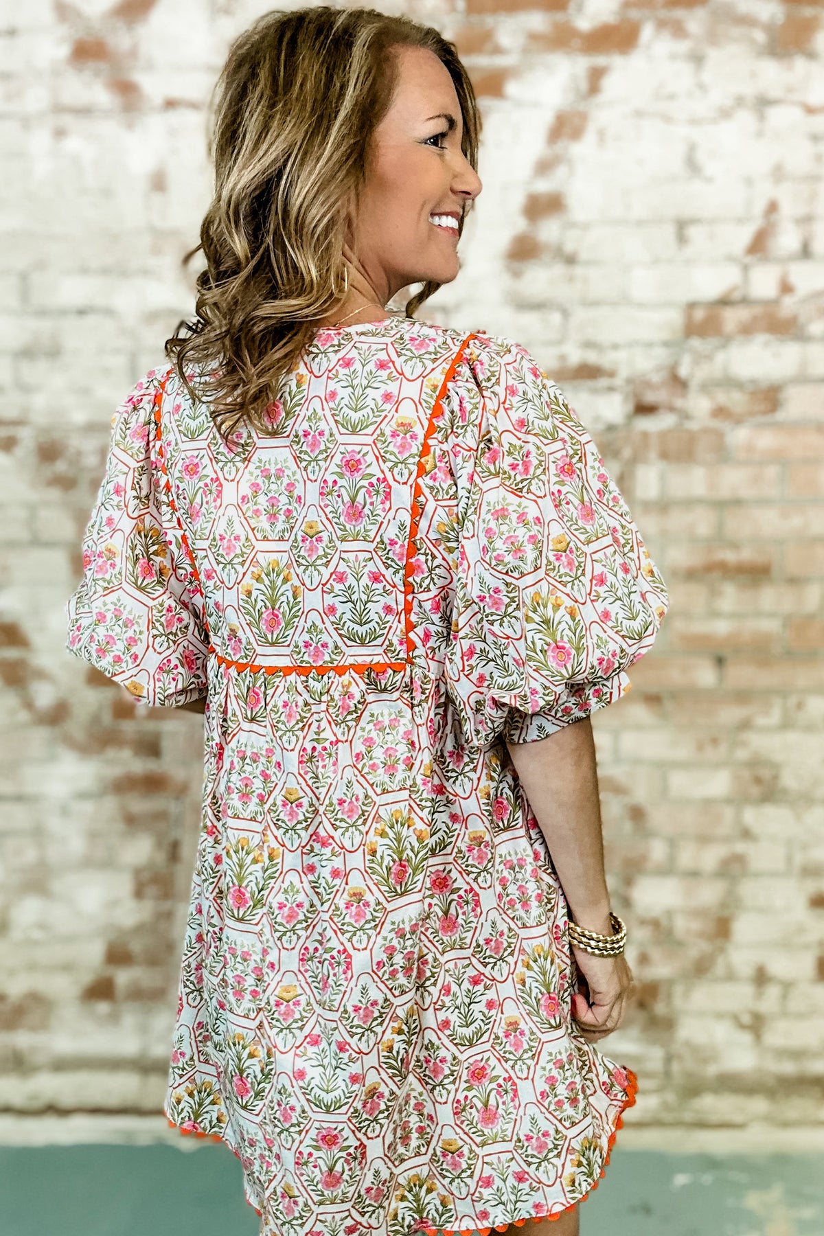 Pink Floral Print Tassel Tie V Neck Scalloped Detail Loose Mini Dress Online Only
