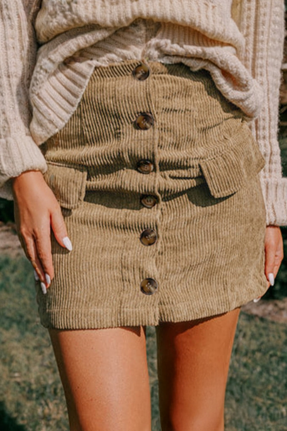 Camel Corduroy Buttoned Front Faux Pockets Mini Skirt Online Only