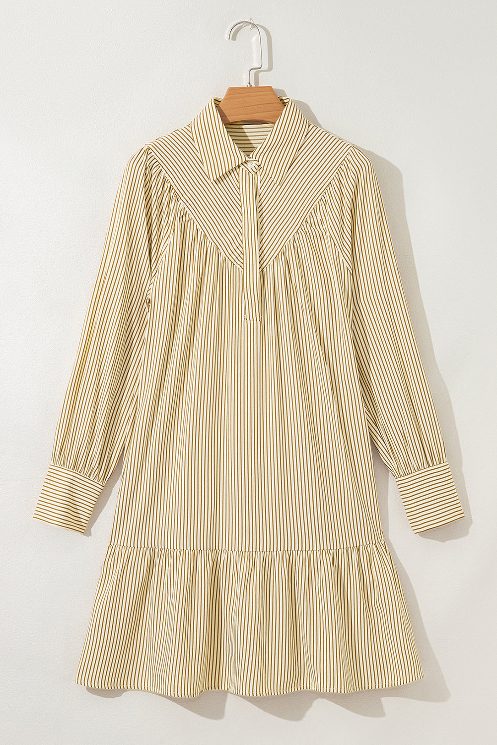 Brown Stripe Collared Neck Cuffed Long Sleeve Drop Waist Mini Dress Online Only
