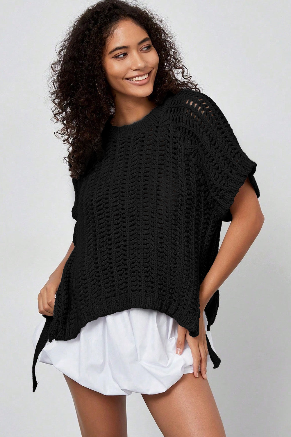 Apricot Plus Size Open Knit Bow Tie Short Sleeve Sweater Online Only