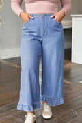 Light Blue Ruffle Hem Wide Leg Full Length Plus Size Jeans Online Only