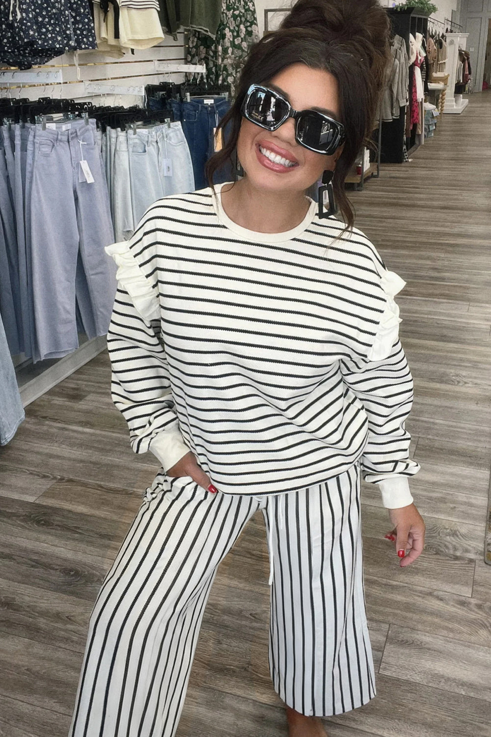 White Stripe Ruffle Trim Drop Shoulder Top Drawstring Loose Pant Set Online Only