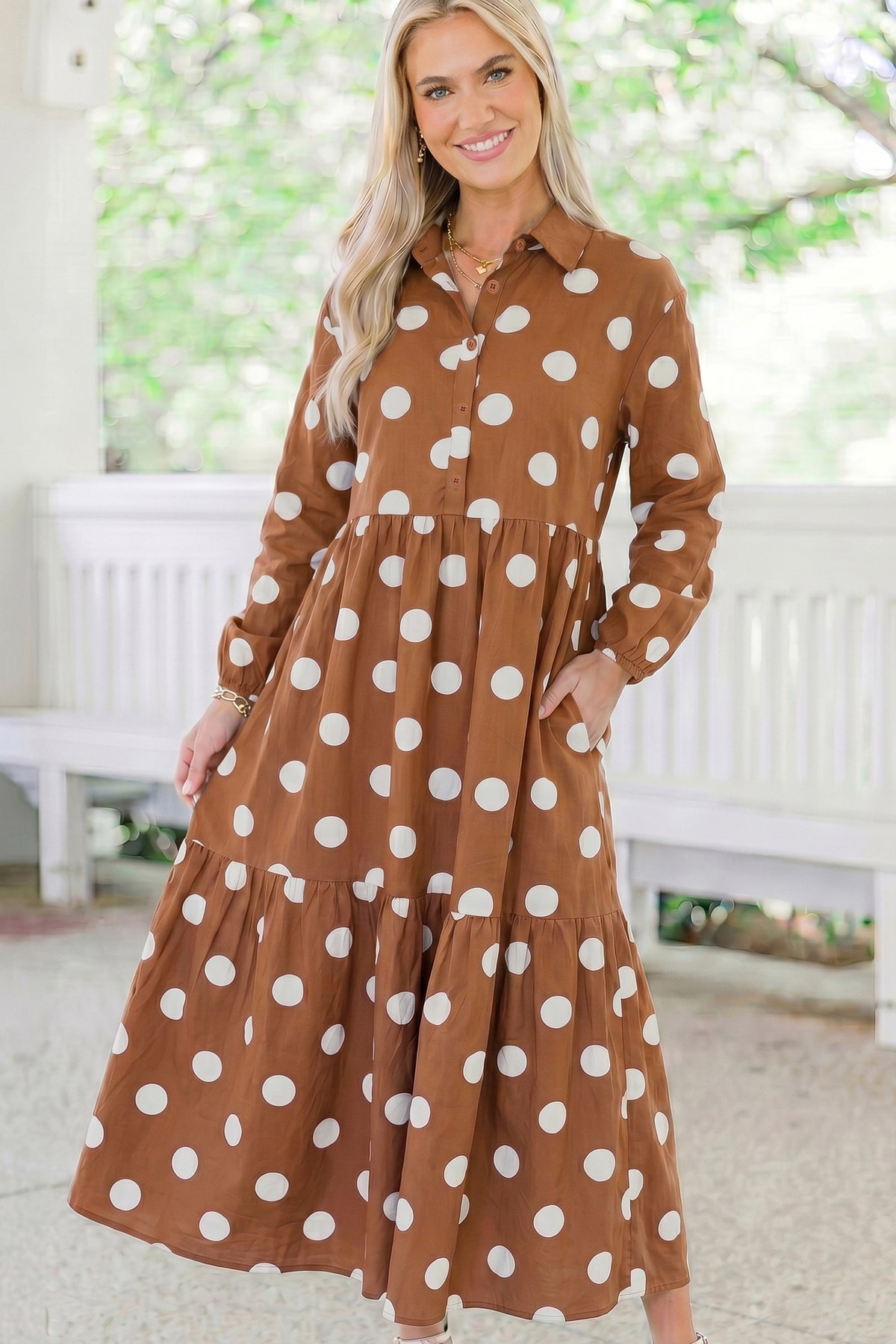 Brown Polka Dot Button Front Long Sleeve Shift Dress Online Only