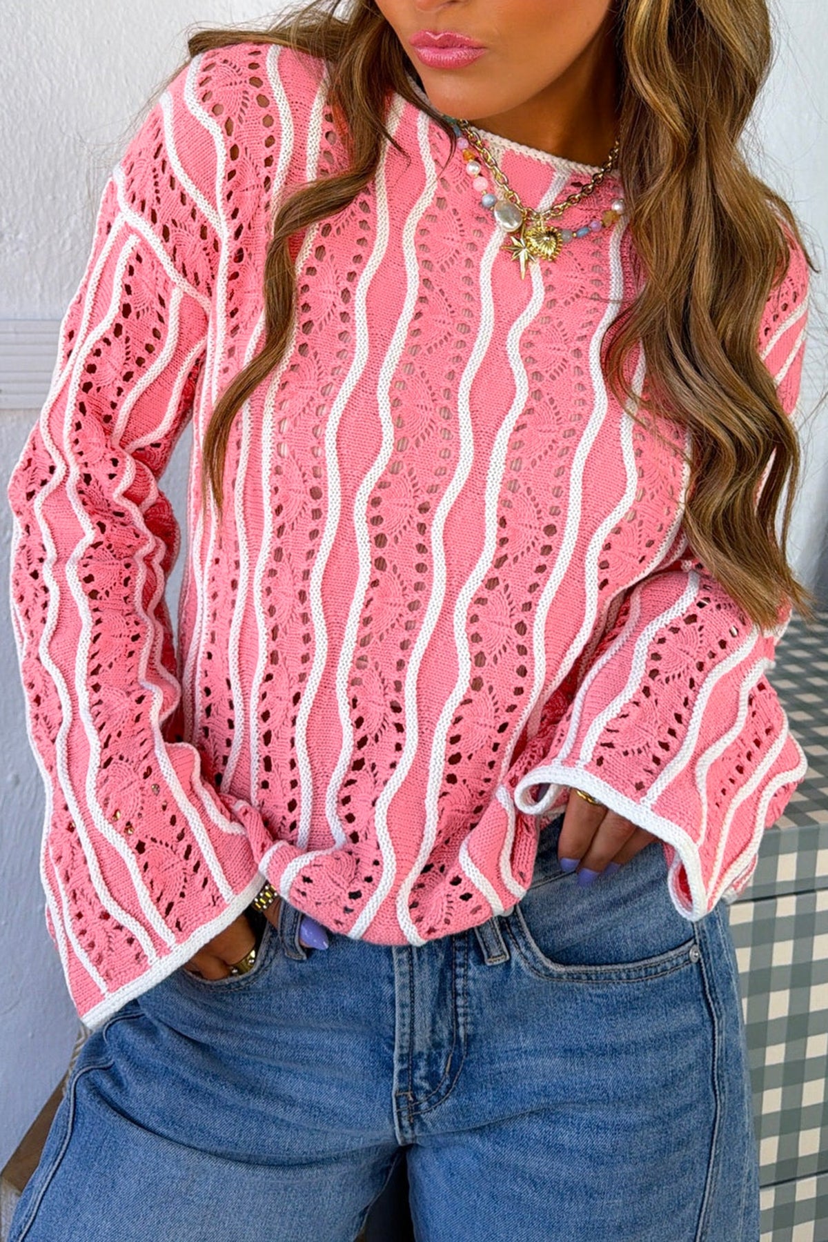Khaki Wavy Detail Hollow Out Knit Long Sleeve Cotton Pullover Sweater Online Only