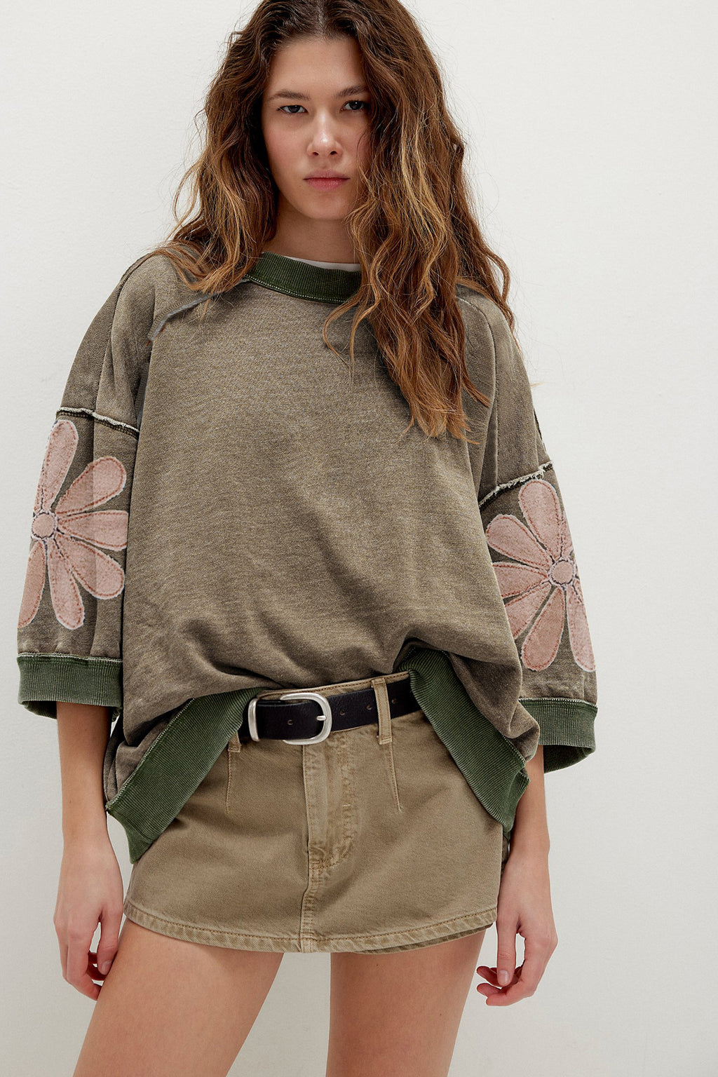 Breen Mineral Wash Raw Seam Patchwork Flower Patched 3/4 Sleeve Oversize Top Online Only