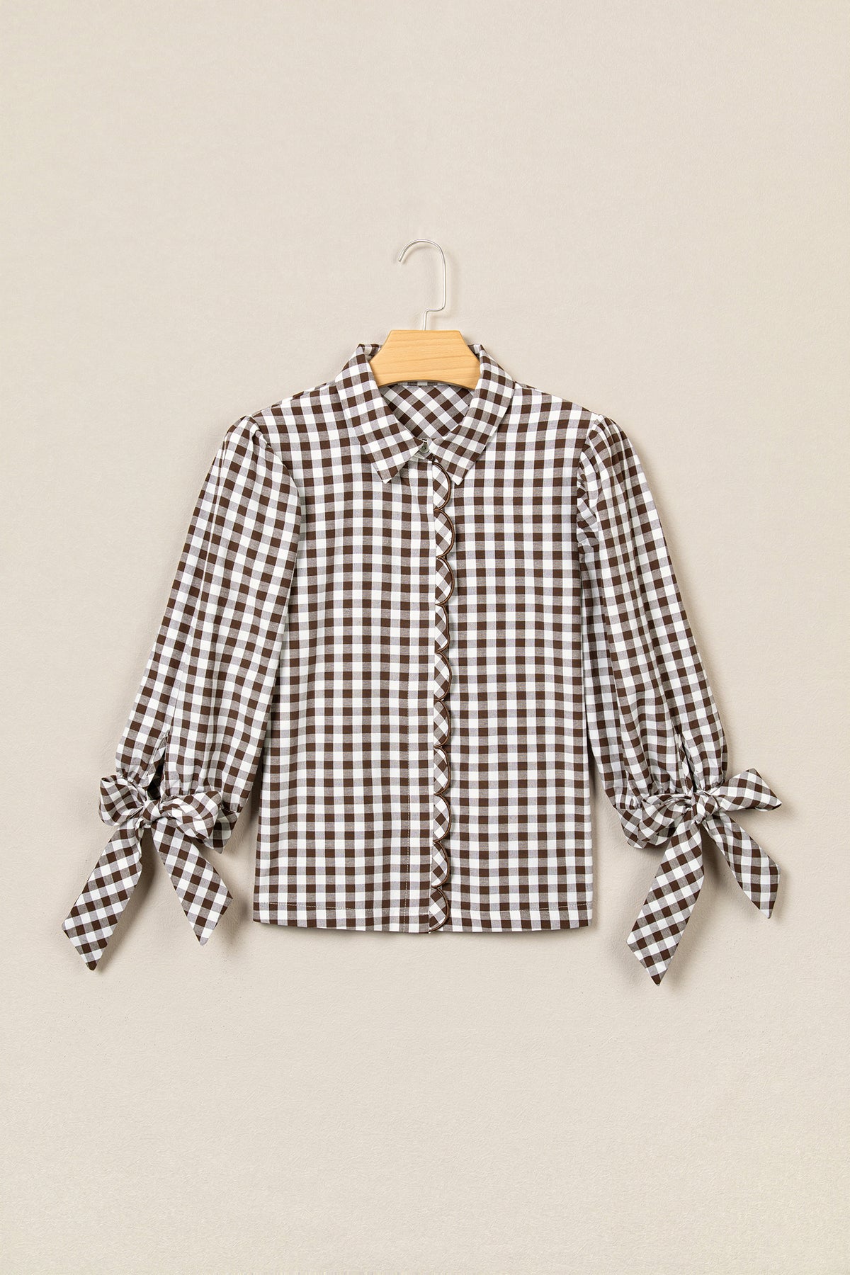 Brown Plaid Knot Half Sleeve Button Down Shirt Online Only