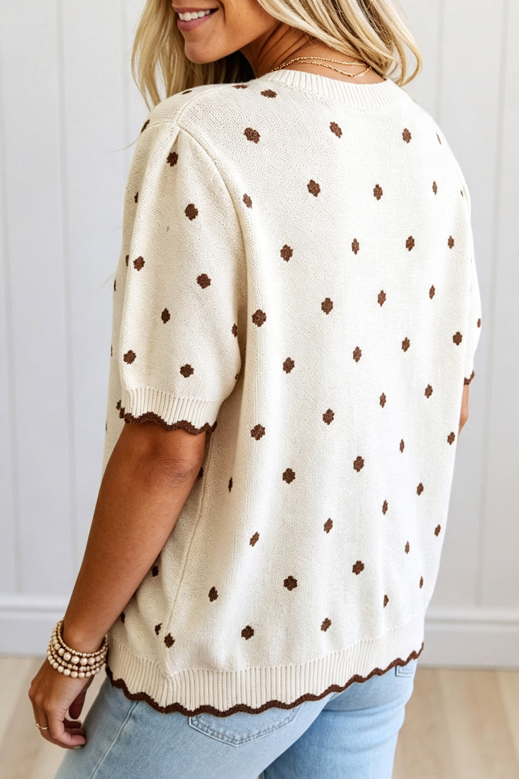 Beige Casual Polka Dot Short Sleeve Round Neck Shift Sweater Online Only