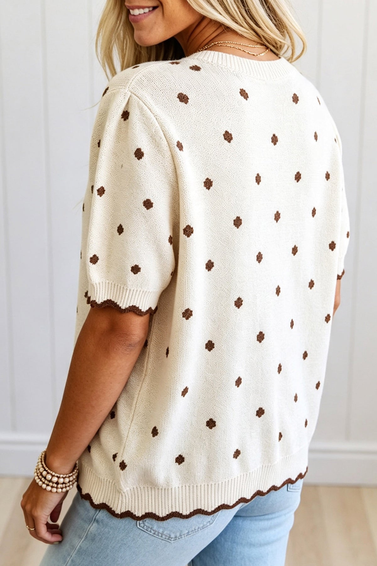 Beige Casual Polka Dot Short Sleeve Round Neck Shift Sweater Online Only