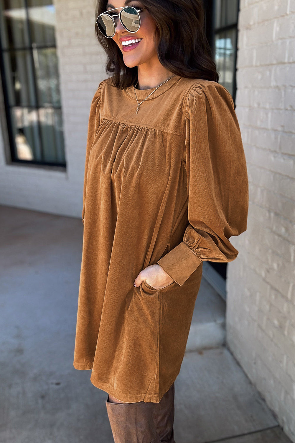 Desert Gold Corduroy Pleated Puff Sleeve Shift Short Dress Online Only