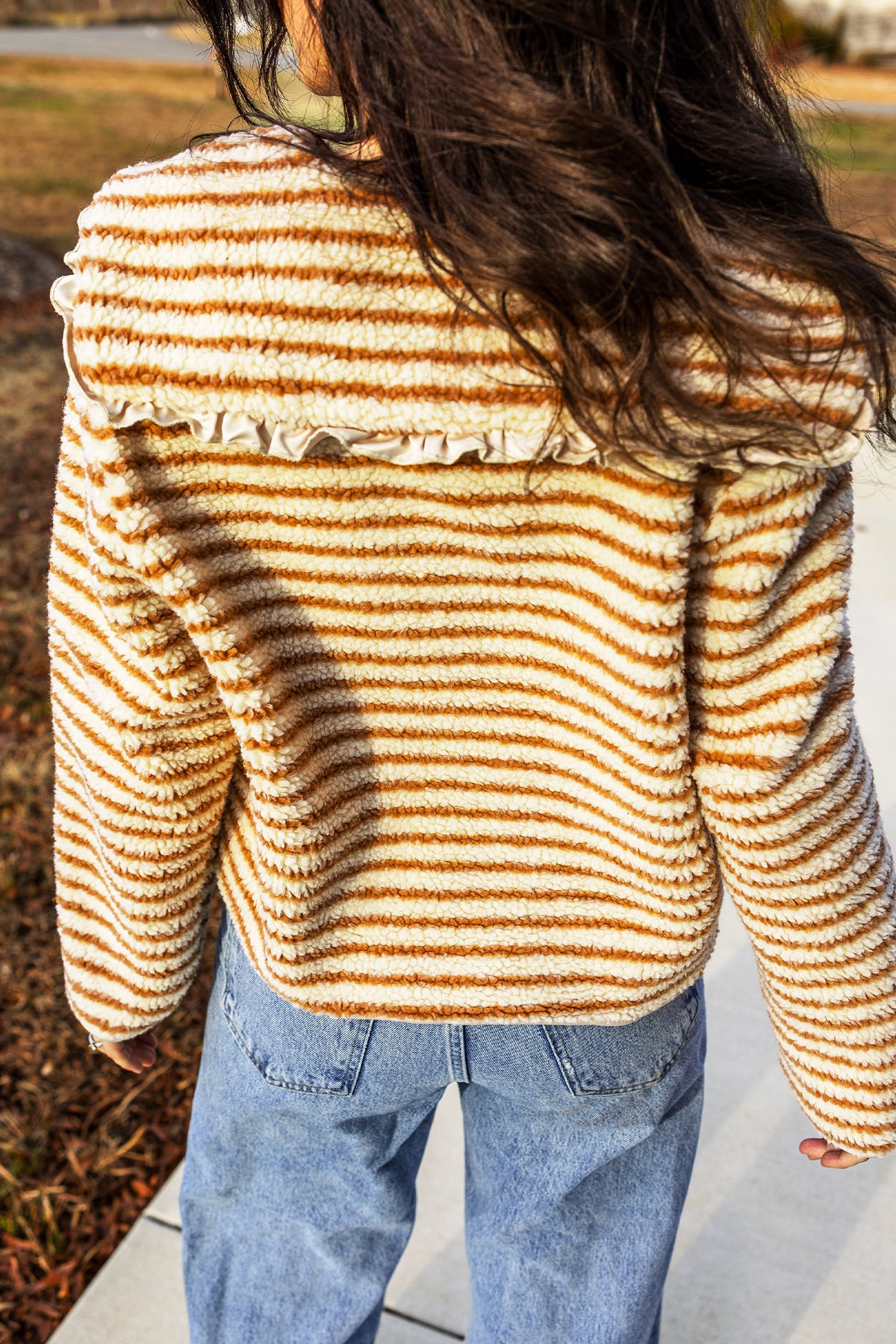 Brown Stripe Striped Fleece Button Front Long Sleeve Regular Fit Jacket Online Only