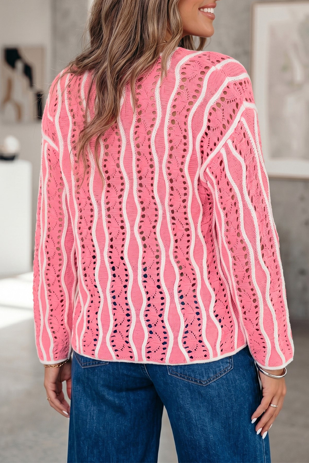 Khaki Wavy Detail Hollow Out Knit Long Sleeve Cotton Pullover Sweater Online Only
