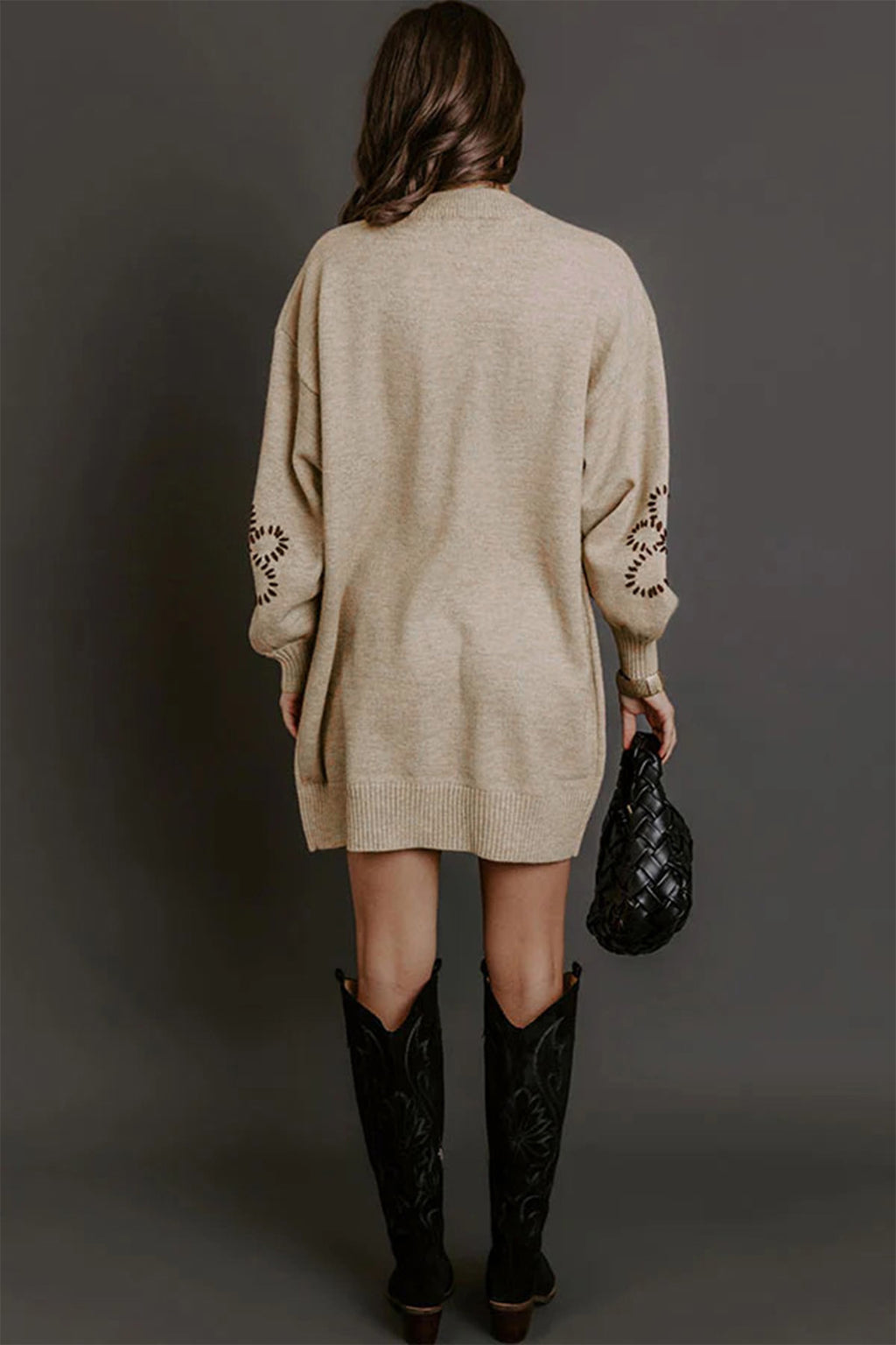 Parchment Floral Pattern Round Neck Puff Sleeve Shift Sweater Dress Online Only