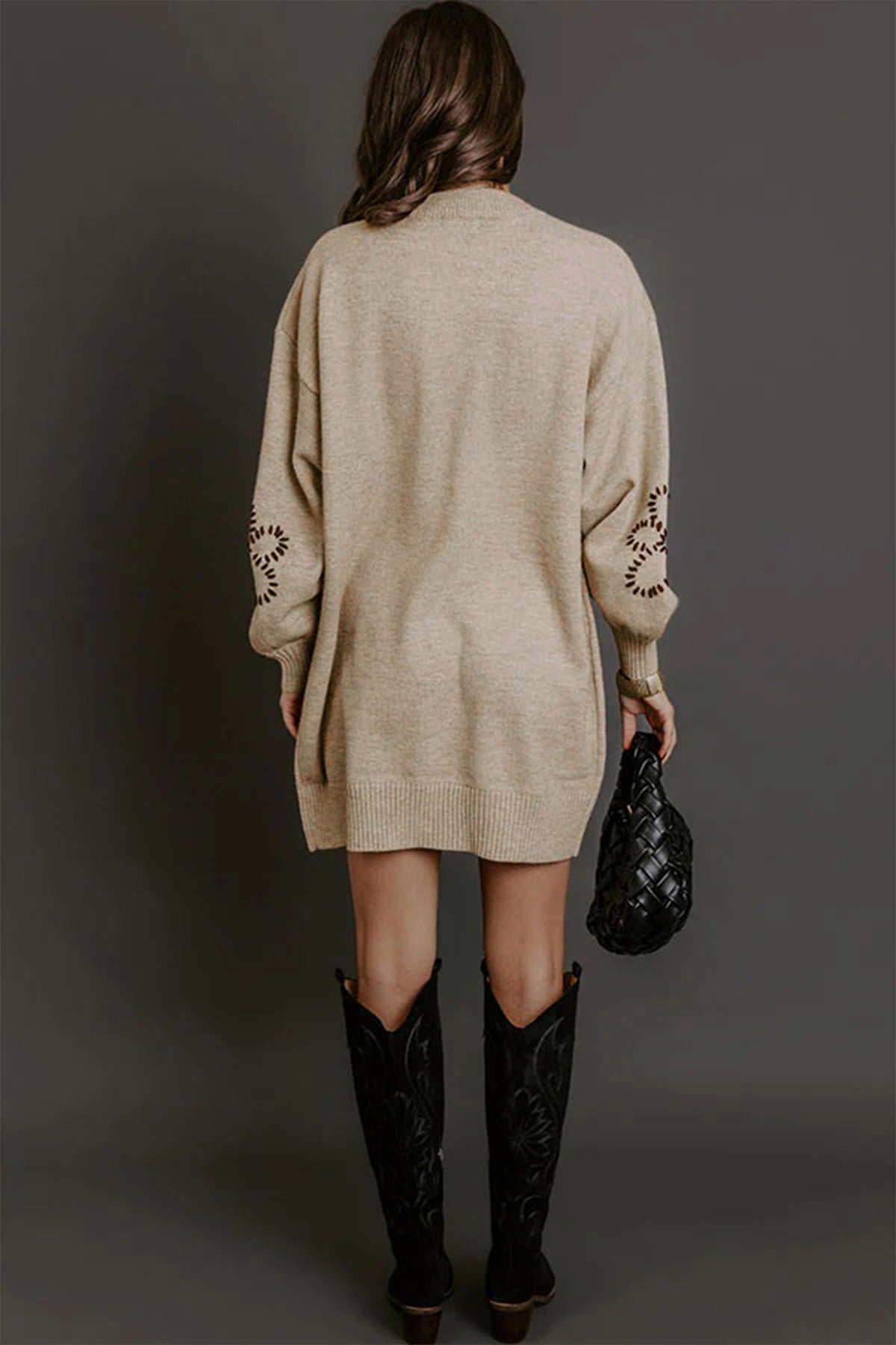 Parchment Floral Pattern Round Neck Puff Sleeve Shift Sweater Dress Online Only