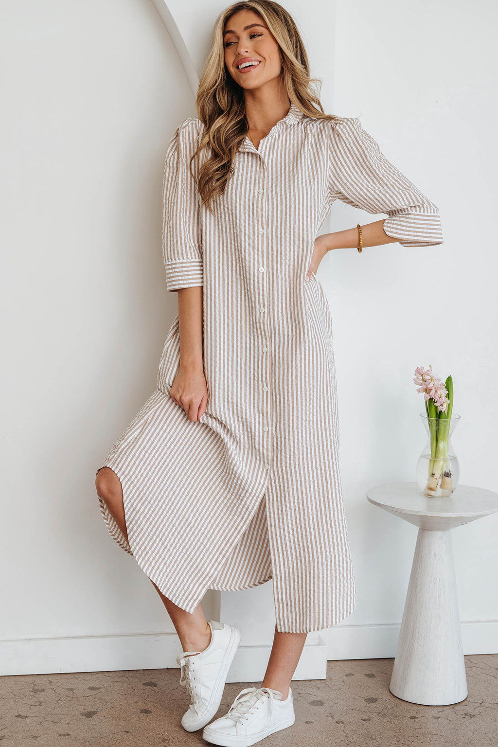 Khaki Stripe Frilled Collar Half Sleeve Shirt Maxi Dress Online Only