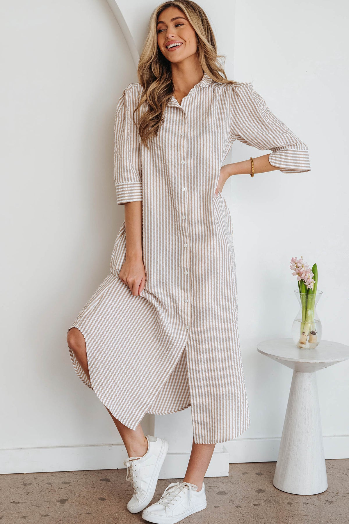 Khaki Stripe Frilled Collar Half Sleeve Shirt Maxi Dress Online Only