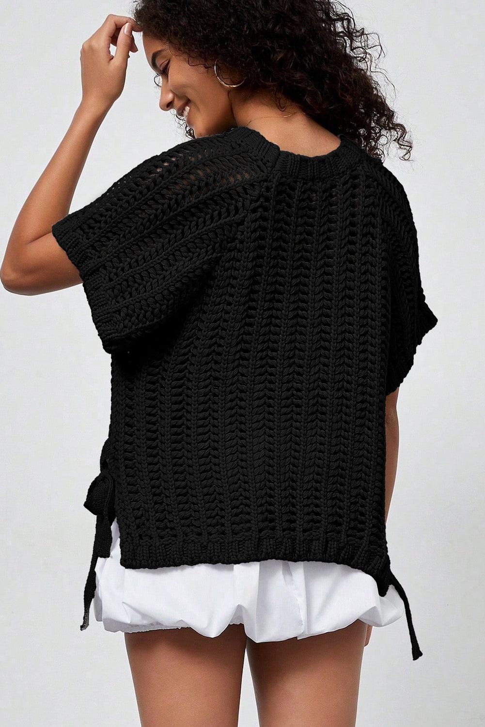 Apricot Plus Size Open Knit Bow Tie Short Sleeve Sweater Online Only